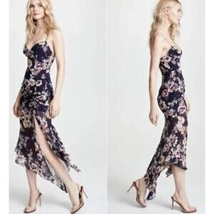 Nicholas Garden Rose Floral Drawstring Leg Slit Silk Maxi Dress Sz 4